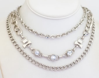 14 inch, Vintage Stylish Chains Clear Rhinestones Multiple Laces Choker Necklace - V27