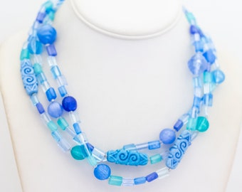 18 inch, Vintage Blue Beads Stylish Multi-Strand Necklace - V28