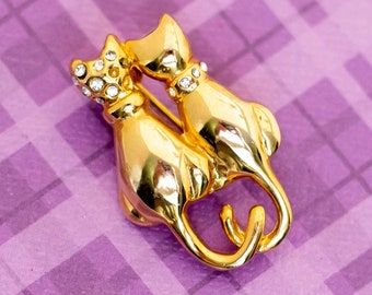 Vintage Twin Cats Rhinestone Gold Tone Brooch - V13