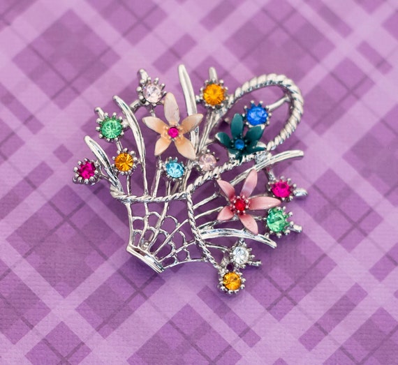Broche Panier De Fleurs En Argent Avec Strass - Occasion, Marque Générique