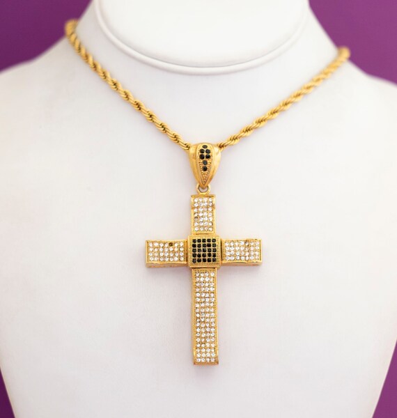 Vintage Stainless Steel Gold Tone Checkered Cross… - image 2