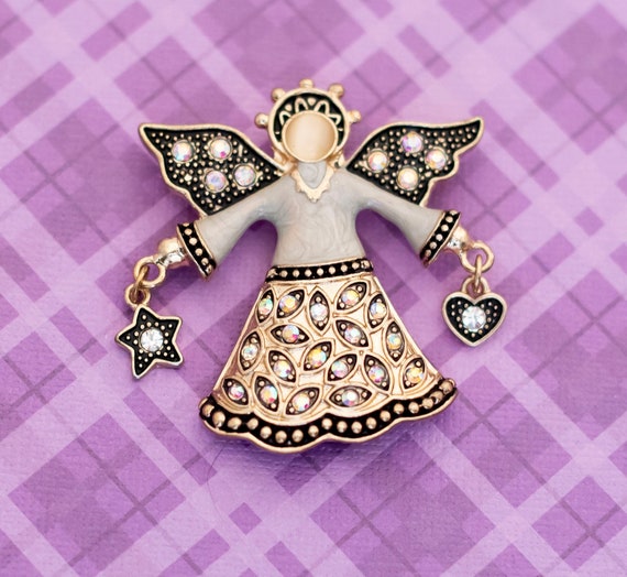 Vintage Star Angel Rhinestones Gold Tone Brooch -… - image 1