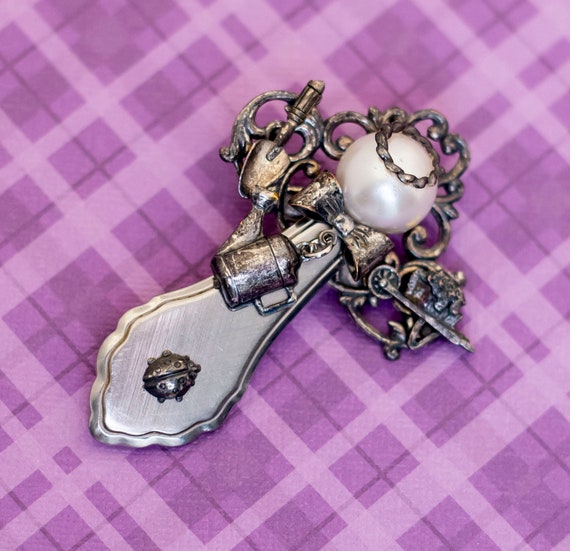 Vintage Intricate Unique Symbolic Faux Pearl Broo… - image 1