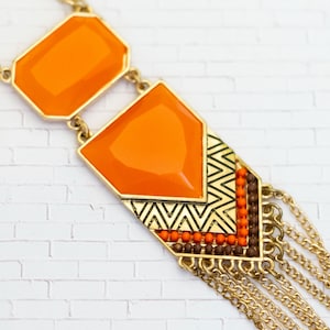 30 inch, Vintage Geometric Orange Stone Gold Tone Tassel Necklace - V23