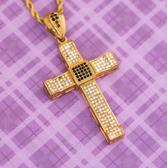 Vintage Stainless Steel Gold Tone Checkered Cross… - image 1