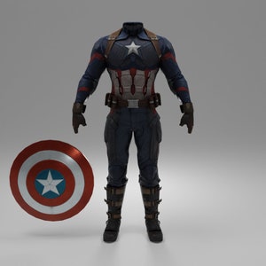 Könnte beinhalten: Ein rot-weiß-blauer Captain-America-Schild mit einem fünfzackigen Stern in der Mitte. Eine kopflose Figur in einem blau-roten Anzug mit einem rot-weiß-blauen Bruststück und einem braunen Gürtel steht vor dem Schild.
