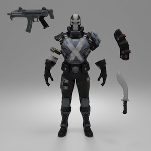May include: A black and white action figure wearing a skull mask and a tactical vest with a white X on the front. The figure is holding a gun and a knife.