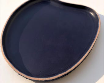 Navy Blue Leather Catch All Tray, Genuine Premium Leather, Hand Crafted Decorative Valet Tray, Organic Design