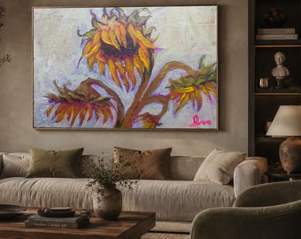 Neonfarbene Sonnenblumen – Ölgemälde mit Rahmen | Vintage-Impressionismus-Blumenbild mit Neonpink