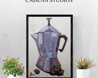 Vintage-Kaffee-Gemälde, gerahmter Kunstdruck | Stillleben mit Essen, 5x7 Zoll