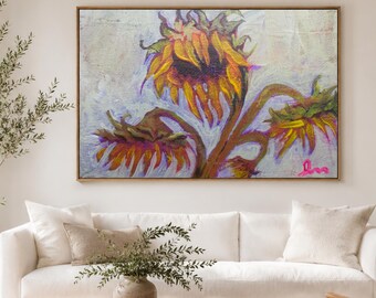 Neonfarbene Sonnenblumen – Ölgemälde-Kunstdruck | Vintage-Blumenbild mit Neonpink