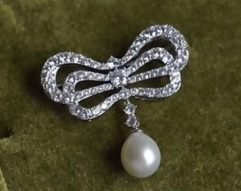 Pearl Brooch, Retro Brooch, Bow Knot Brooch, Silver Brooch, Diamond-cz Brooch, Wedding gift, Gift for her, Mother's Day Gift
