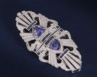 Spilla in stile Art Deco, Spilla d'argento, Spilla retrò, Spilla classica a doppia clip, Spilla di diamanti, Spilla staccabile, Fibbia per polsini