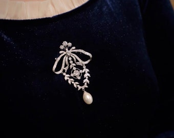 Broche de style Art nouveau, broche perle, broche diamant-cz, cadeau pour elle, bijoux de mariage/mariée, cadeau fête des mères