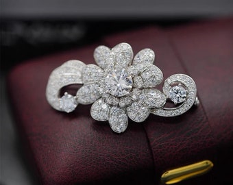 Camellia Brooch, Retro Brooch, Silver Brooch, Diamond-cz Brooch, Victorian Style Brooch, Handmade Jewelry, Wedding Gift