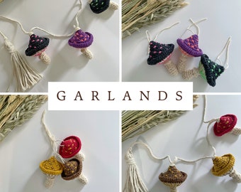 Mushroom Garland, Handmade Crochet Woodland Decor, Bunny-Safe Garland in Two Color Styles