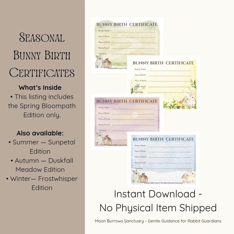 Printable Rabbit Birth Certificate Summer Bunny Birth Certificate — Sunpetal Edition, Printable Rabbit ...