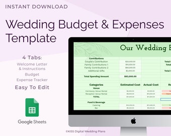 Plantilla de presupuesto de boda personalizable para Google Sheets - Hoja de cálculo del planificador de presupuesto de boda / Imprimible y editable