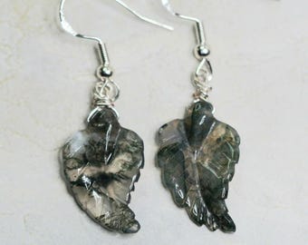Moss Agate Earrings: Crystal Stone , Crystal Leaf Dangles