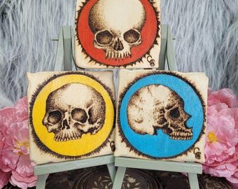Memento Mori - Gothic Skull Pyrographic Any Colour Wooden Drinks Coasters
