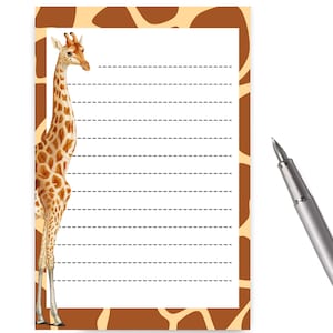 May include: A printable notepad featuring a giraffe illustration on a brown and tan giraffe print background. The notepad has lined paper for writing.
