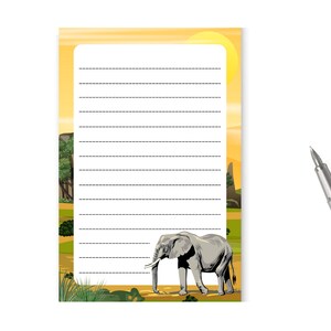 May include: A lined notepad with a yellow background and a cartoon elephant illustration. The elephant is gray and has a trunk that is curled up. The notepad has a white background with black lines.