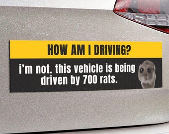 May include: A rectangular bumper sticker with the text "HOW AM I DRIVING?" in yellow and black. Below, it reads "i'm not. this vehicle is being driven by 700 rats." A cartoon rat is on the right.