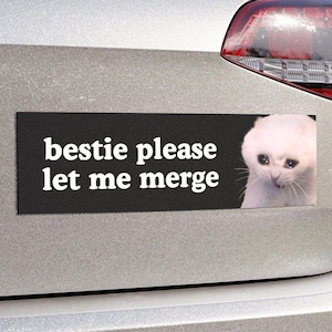 Bestie Please Let Me Merge | Cat Meme Car Bumper MAGNET | Funny Crying, Cute Kawaii, Black Car Decal Magnetic Accessory | Car Vinyl Magnet