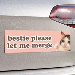 bestie please let me merge | Crying Cat Meme Car Bumper Magnet | Funny, Unhinged Cute Pink Car Decor | Waterproof Vinyl Magnetic Car Decal