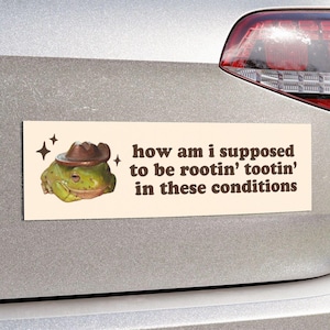Puede incluir: Una pegatina beige para parachoques con una rana de dibujos animados con un sombrero de vaquero. El texto dice: "how am I supposed to be rootin' tootin' in these conditions". La pegatina está pegada en la parte trasera de un coche plateado.