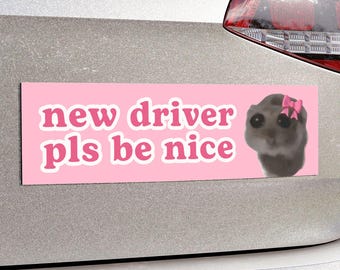 Sad Hamster Car Magnet | New Driver Pls Be Nice | Cute Funny Meme, Pink Car Magnetic Bumper Decal