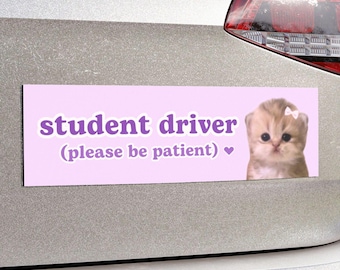 Könnte beinhalten: Ein rechteckiger, rosafarbener Aufkleber mit dem Text "student driver (please be patient) ❤️" in Lila. Auf der rechten Seite befindet sich ein niedliches Kätzchen mit einer weißen Schleife. Der Aufkleber ist an der Rückseite eines silbernen Autos angebracht.