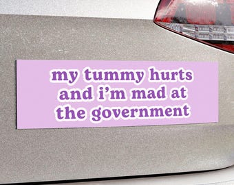 Imán morado para parachoques de coche / Me duele la barriga y estoy enfadado con el gobierno / Meme divertido, político, bonito accesorio para coche / Calcomanía de vinilo para coche