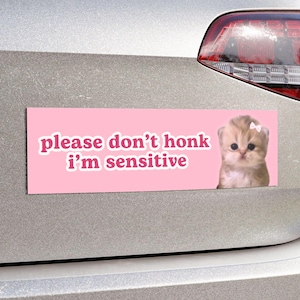Please Don&#39;t Honk I&#39;m Sensitive | Car Bumper Magnet | Cat Meme, Cute Pink Magnetic Car Decal, Anxious Driver | Waterproof Vinyl Car Magnet