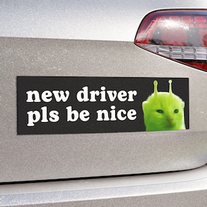 May include: A black rectangular bumper sticker with white text that reads "new driver pls be nice." The sticker features a green alien-like creature. The sticker is affixed to the back of a silver car.