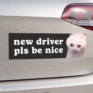 New Driver Please Be Nice | Cat Meme Car Bumper MAGNET | Funny Crying Cat, Student Driver, Cute Car Accessory | Magnetic Car Vinyl Decal