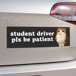 May include: A rectangular black bumper sticker with white text that reads student driver pls be patient. To the right of the text is a small, realistic image of a brown and white cat with large, sad eyes looking directly forward.