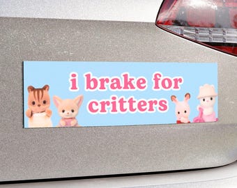 Cute Car Bumper Magnet | "I Brake for Critters" | Funny Meme, Cat Animal, Pink and Blue Car Accessory | Magnetic Vinyl Car Magnet Decal