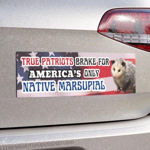 Possum Car Bumper MAGNET / True Patriots Brake For America's Only Native Marsupial | Funny Meme Opossum Animal USA Flag | Car Vinyl Magnet image 1