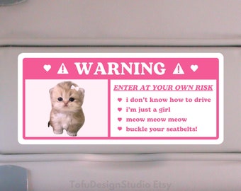 Cute Cat Car Warning Sticker | Pink Coquette Kitty Kawaii Girl Airbag Label, Car Accessories Decal | Waterproof Vinyl Sticker for Car Visor