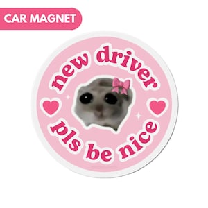May include: A round car magnet with a pink background and a sad-faced cat wearing a pink bow. The magnet has the words "new driver pls be nice" in pink, with pink hearts and stars. The text "CAR MAGNET" is in a pink rectangle.