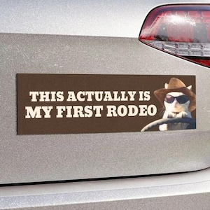 This Actually Is My First Rodeo | Car Bumper STICKER | Funny Cowboy Cat Meme, Cute Car Accessory Gift, Car Decal | Waterproof Vinyl Sticker