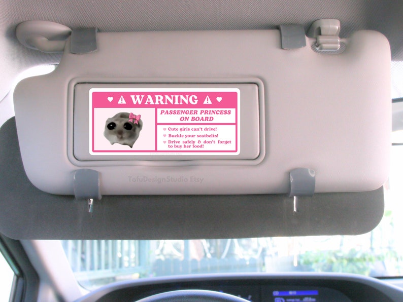 Cute Passenger Princess Car Warning Sticker | Sad Hamster Meme | Pink Kawaii Girl Airbag Label, Car Accessories | Vinyl Decal for Car Visor