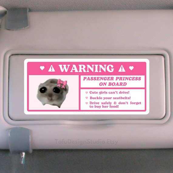 Cute Passenger Princess Car Warning Sticker | Sad Hamster Meme | Pink Kawaii Girl Airbag Label, Car Accessories | Vinyl Decal for Car Visor