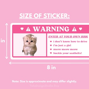 Cute Cat Car Warning Sticker | Pink Coquette Kitty Kawaii Girl Airbag Label, Car Accessories Decal | Waterproof Vinyl Sticker for Car Visor