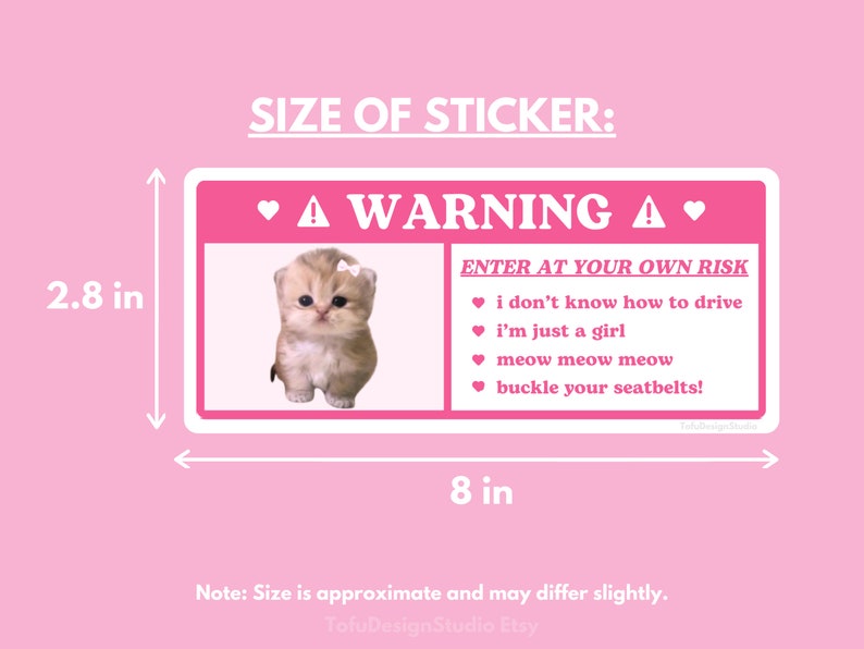 Cute Cat Car Warning Sticker | Pink Coquette Kitty Kawaii Girl Airbag Label, Car Accessories Decal | Waterproof Vinyl Sticker for Car Visor