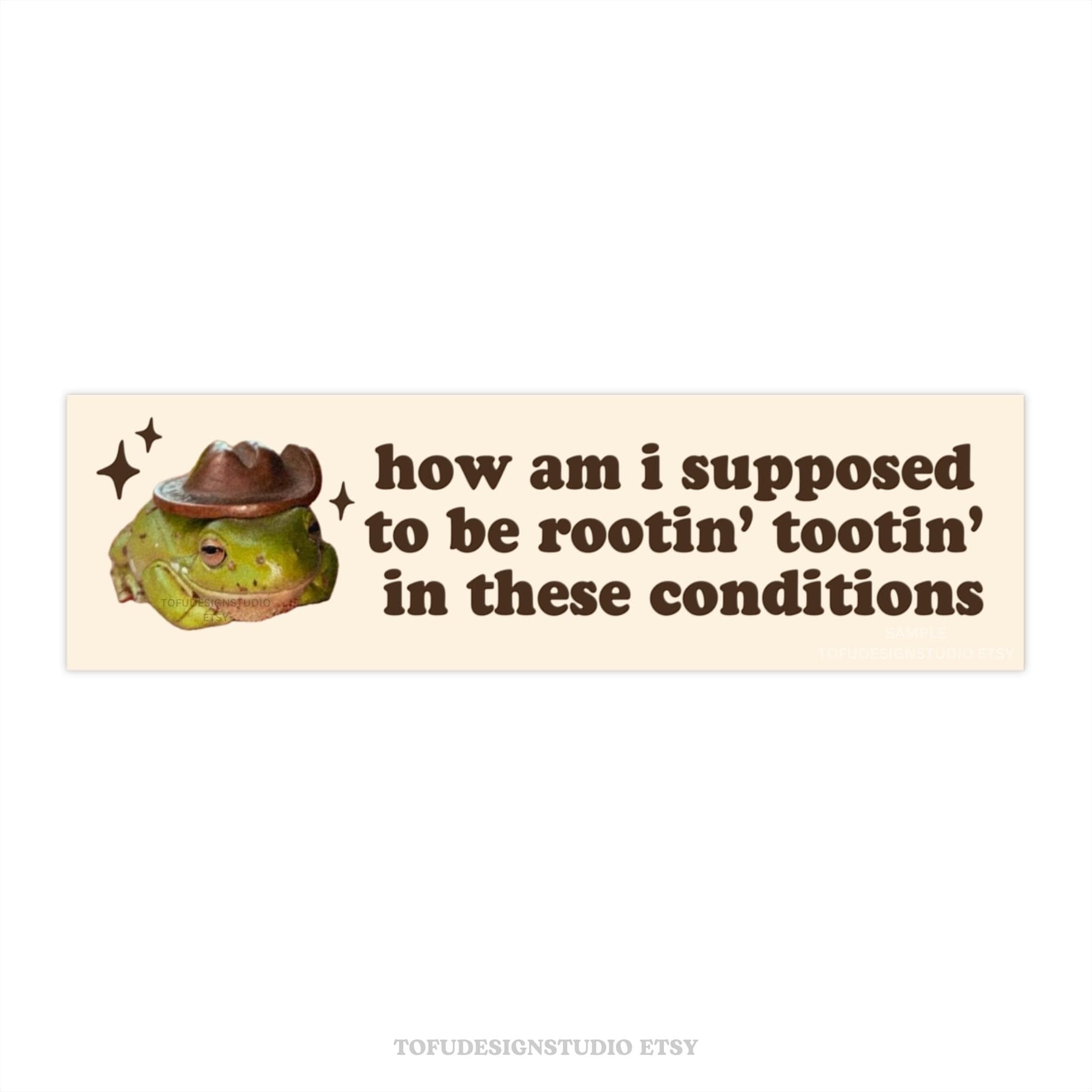 how am i supposed to be rootin' tootin' in these conditions | Car Bumper STICKER | Funny Meme, Cowboy Frog, Country Toad | Cute Car Decal