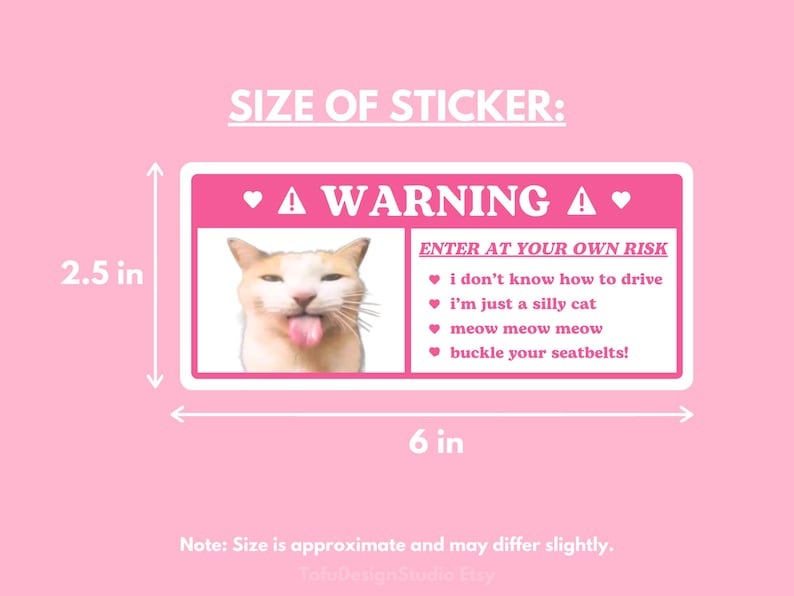 K&ouml;nnte beinhalten: Ein rosa-wei&szlig;er Warnhinweis-Aufkleber mit einer Katzenillustration und dem Text "WARNUNG: BETRETEN AUF EIGENES RISIKO. Ich kann nicht fahren. Ich bin nur eine dumme Katze. Miau miau miau. Schnallen Sie sich an!" Der Aufkleber misst 15,2 cm x 6,4 cm.
