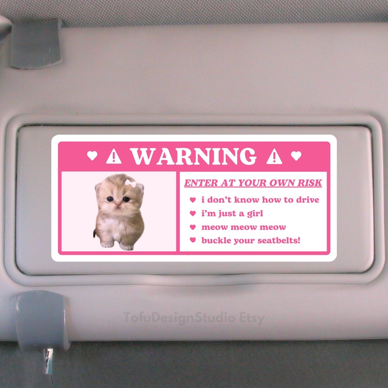 Cute Cat Car Warning Sticker | Pink Coquette Kitty Kawaii Girl Airbag Label, Car Accessories Decal | Waterproof Vinyl Sticker for Car Visor Funny Tiktok Gen Bows Cat Lover Girlfriend passenger princess adorable meow buckle your seatbelts caution sign