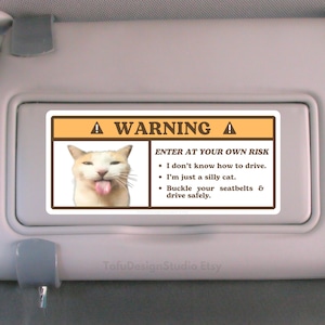 Könnte beinhalten: Eine weiße und orange Katze mit herausgestreckter Zunge ist auf einem Warnschild abgebildet, auf dem steht: "A WARNING A ENTER AT YOUR OWN RISK • I don't know how to drive. • I'm just a silly cat. • Buckle your seatbelts & drive safely."